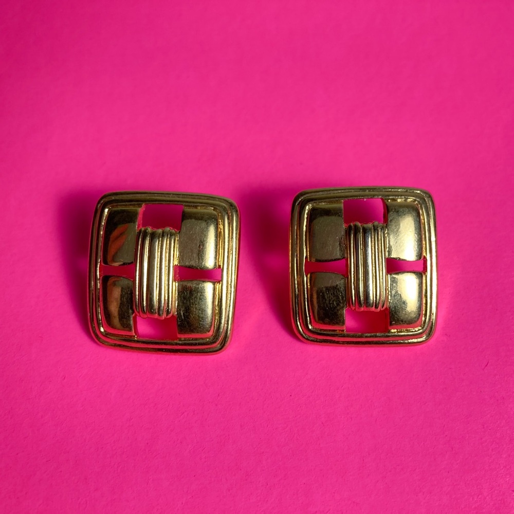 TRIFARI Gold Tones Chunky Square Earrings Vintage